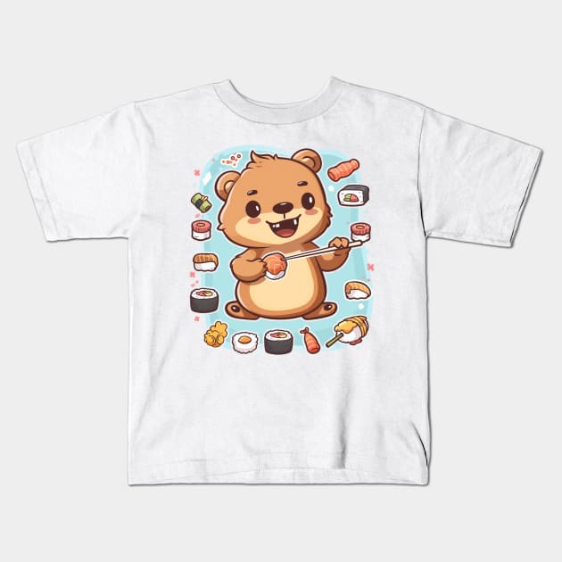 Cute Quokka eating sushi Kids T-Shirt by MilkyBerry